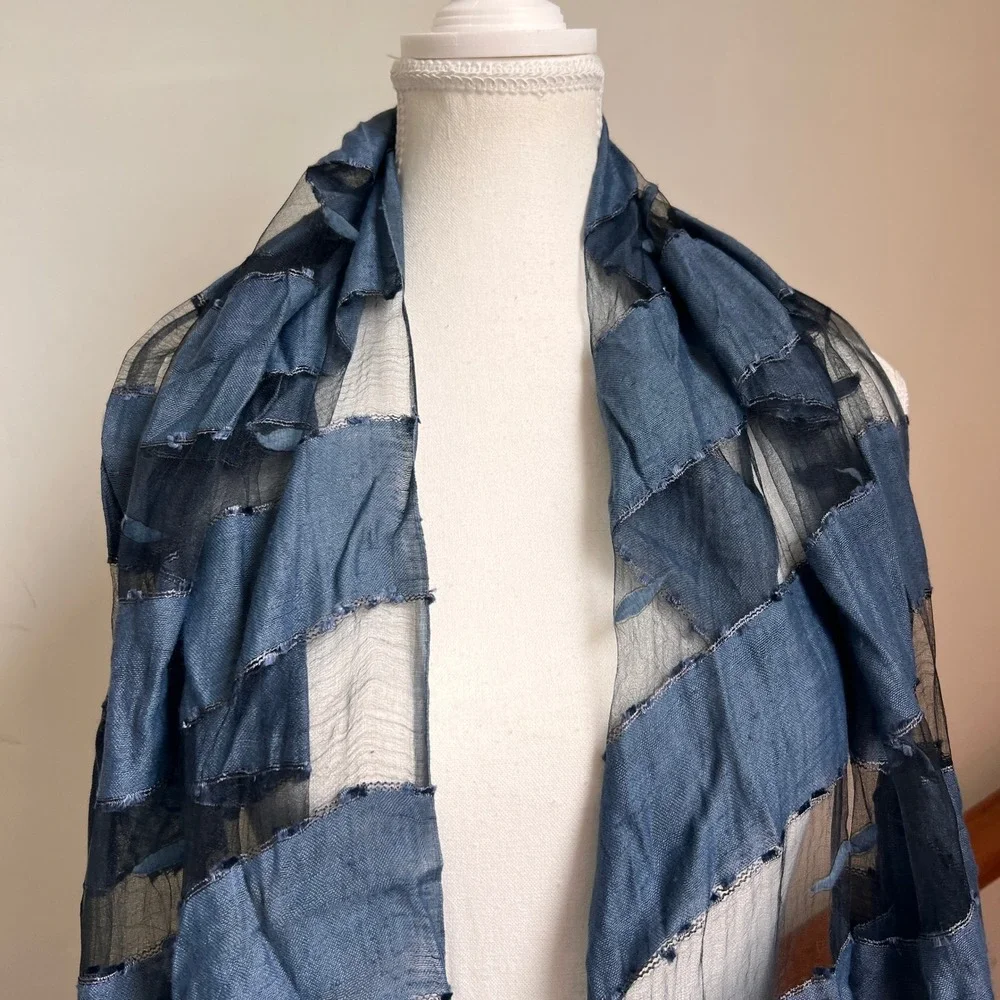 Silk Boiled Wool Sheer‎ Scarf Blue Textured Lightweight Summer Wrap Shawl Artsy